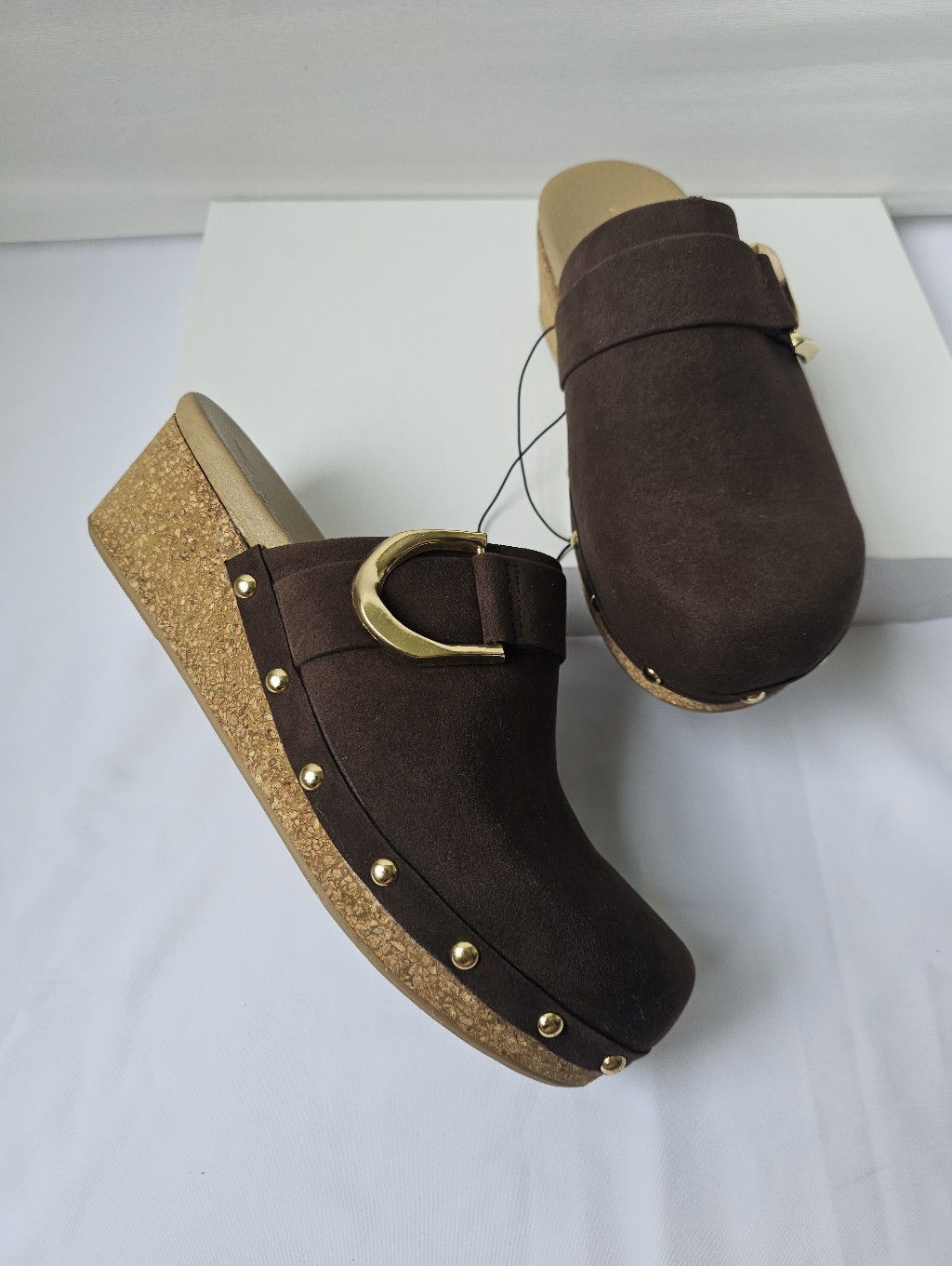 Andiamo Brown Faux Suede Cork Wedge Clogs Mules Size 9.5w Nwt